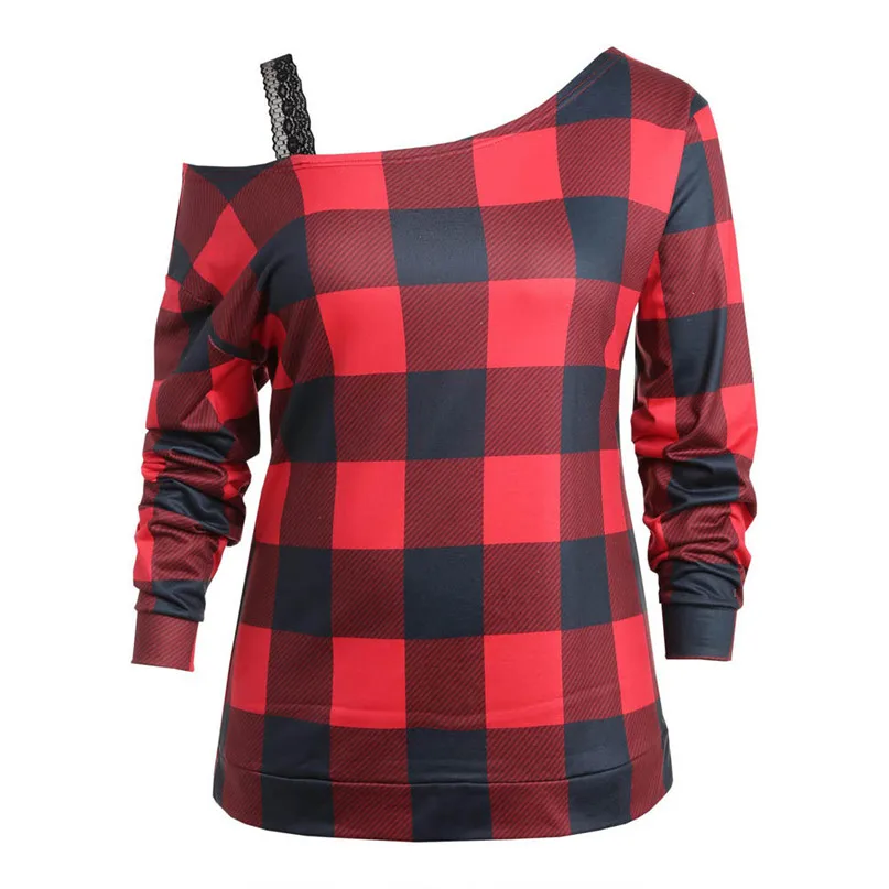 New Running Jackets Women Plus Size Casual Women's sweater Plaid Long Sleeve Cold Shoulder Lace Splice Sweatshirt #2o18#F (1)