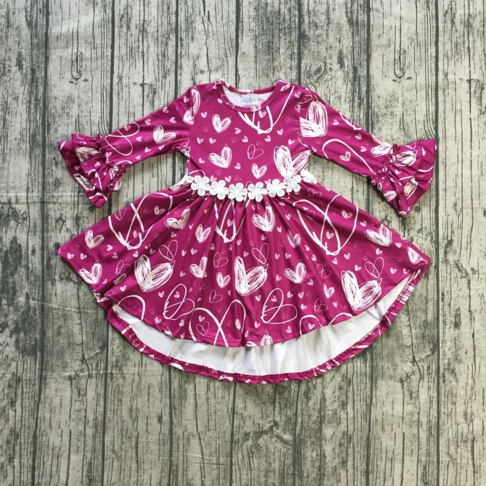 

new design baby girls fall Valentine's day dress clothing children girls wear V-day heart print with lace dress boutique dress