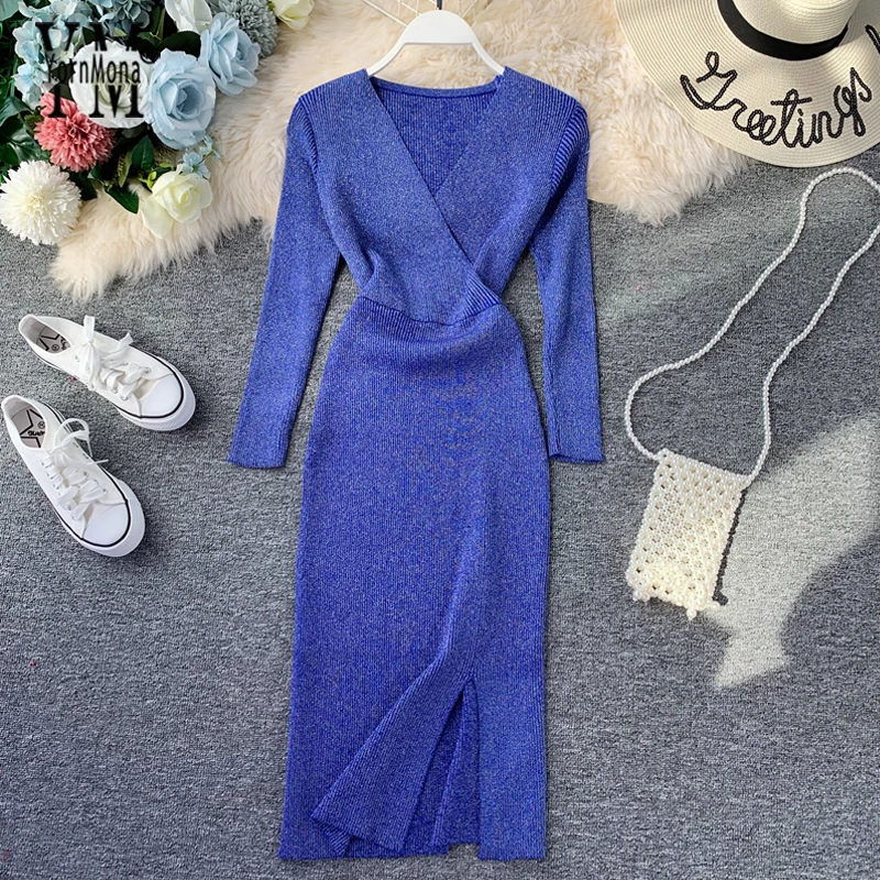 

YornMona Shinning Split Elegant Ladies Office Dress 2019 New V Neck Knitted Sweater Dress Workwear Korean Style Women Dress