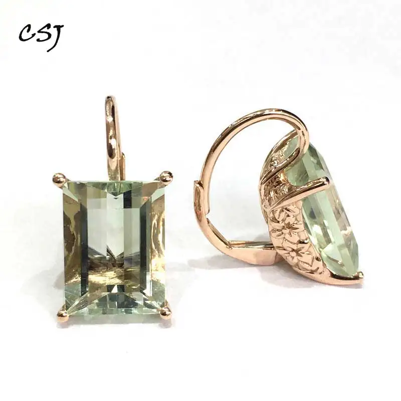 

CSJ Natural Green Amethyst Drop Earrings 925 Sterling Silver And 14K Gold Fine Jewelry Women Lady Wedding Engagment Party Gift