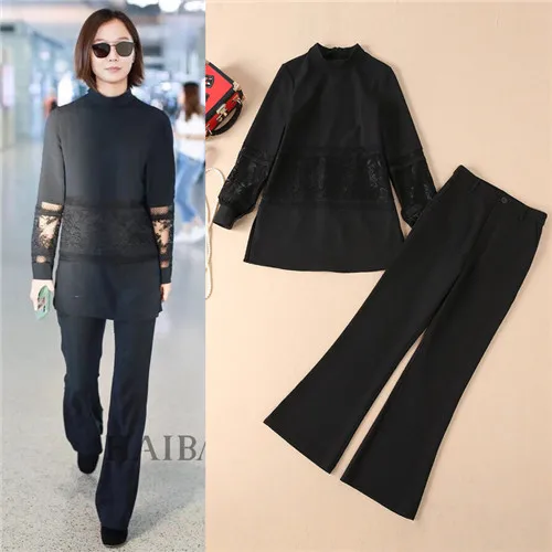 2 piece set women pant and top solid black blouses and long pants two