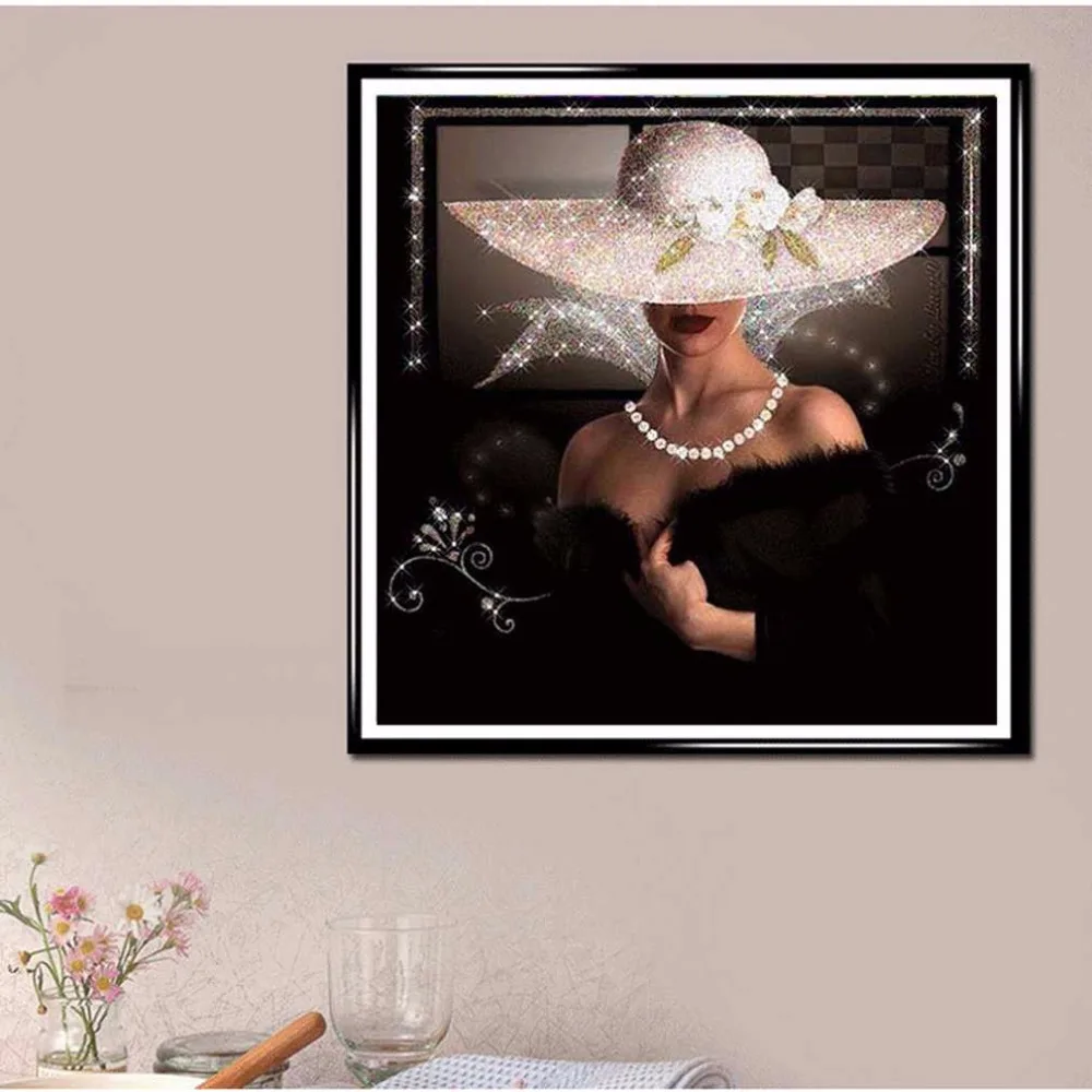 

DIY Diamond Painting Cross Stitch Full Rhinestone Diamond Embroidery Portrait Elegant Woman Hat Painting For Decoration