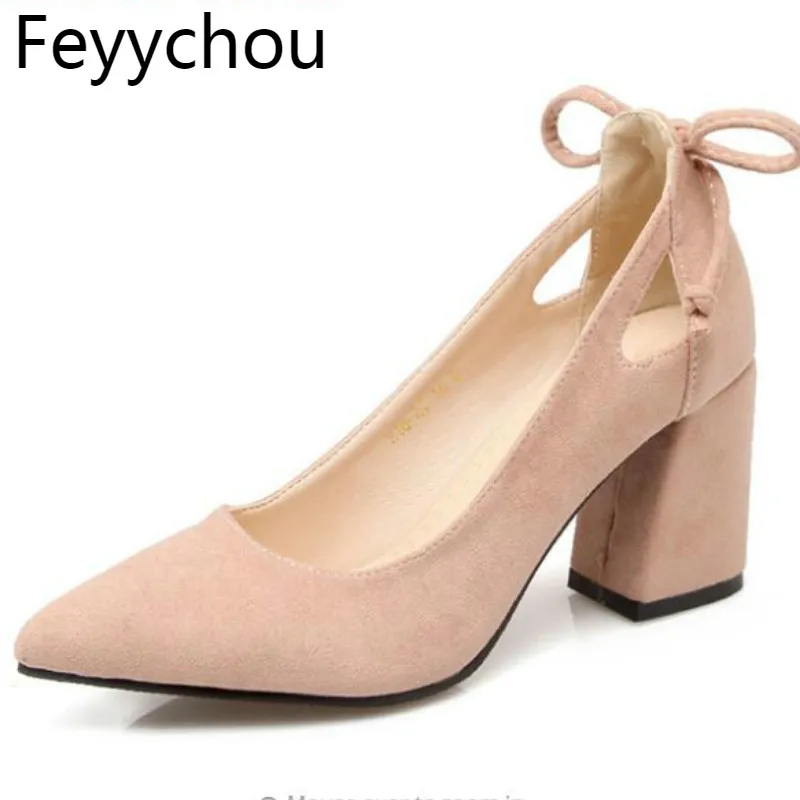 

Women Pumps Thick Heel Female Shoes Pointed Toe High Heels Bow Ladies Party Shoes Slip on Shoes Black Pink Beige Plus Size 34-43