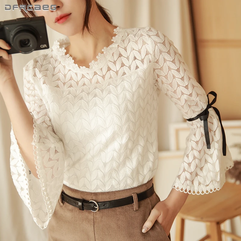 

Flare Long Sleeve White Lace Tops Women 2018 Autumn Slim Bottoming Shirts Drawstring Bow Crochet Ladies Blouses Elegant Blusas