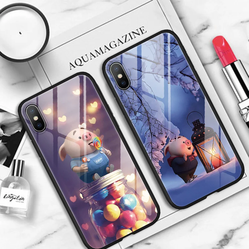 

Luxury Tempered Glass Case For iPhone XS Max XR XS X Capas Cute Pigs Soft Silicone Coque For iPhone 8 7 6 6S Plus 9 Cover Fundas