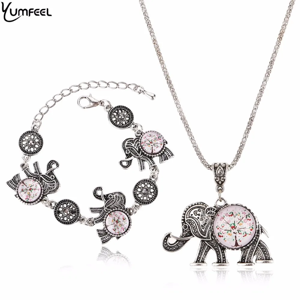 

Yumfeel New Elephant Jewelry Sets Metal with Resin Life Tree Necklace Bracelet Jewelry Sets for Women