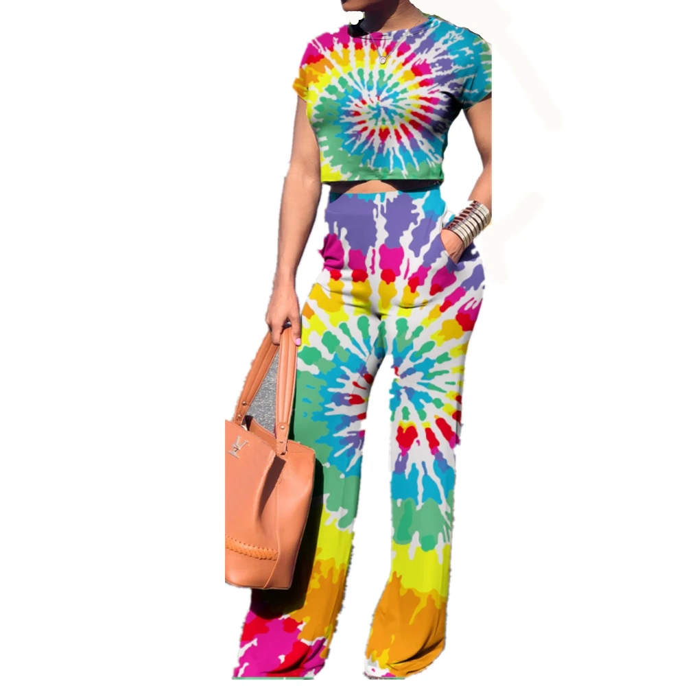 

Gradient Color Printed 2 Piece Set Women Sexy O Neck Short Sleeve Crop Top + Pockets Wide Leg Trouser Elegant Two Piece Outfits