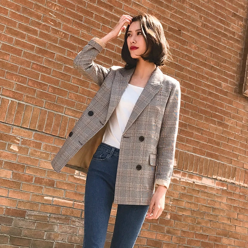 2018 New Spring Check Plaid Small Suit Jacket Women Retro