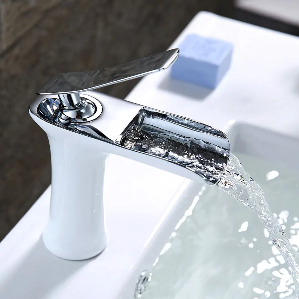 

Basin Faucet Waterfall Bathroom Faucet White Black Water Tap Counter Basin Wash Basin Faucets Copper Hot and Cold Sink Mixer