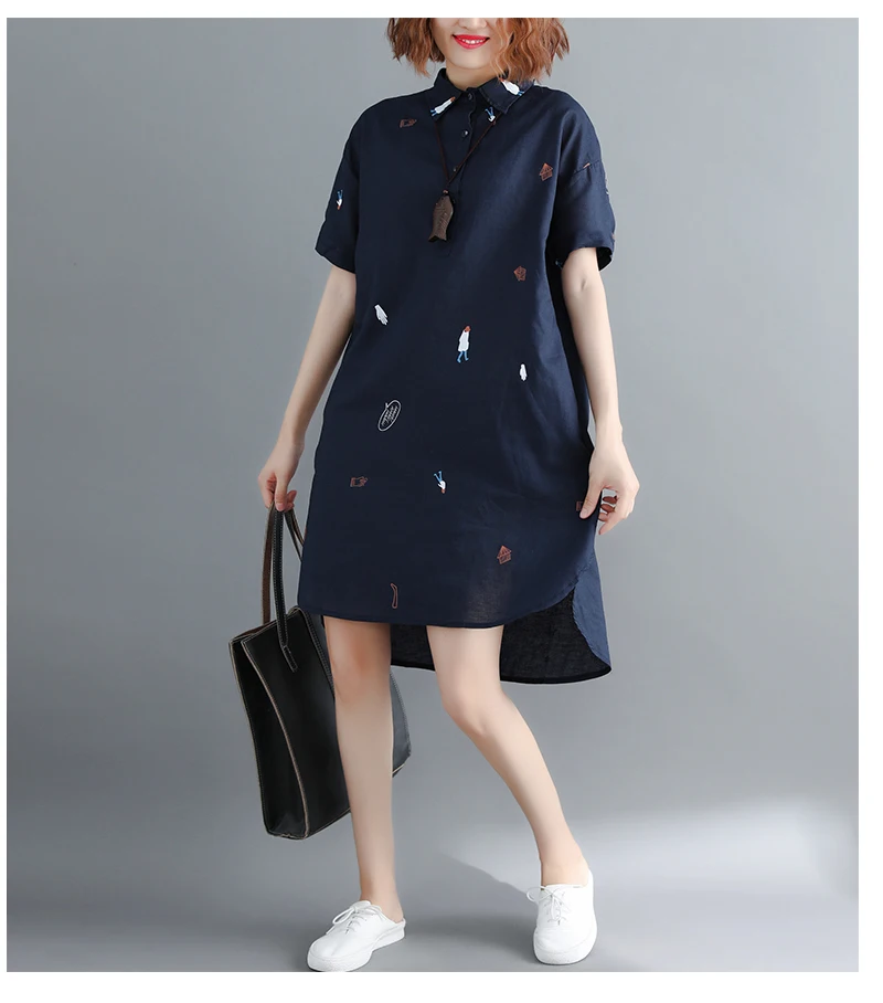 Women Casual Large size Asymmetrical hem Cotton& Linen Blouse Summer Big Size Mid-Long Turn-down Collar Long Tunic shirt