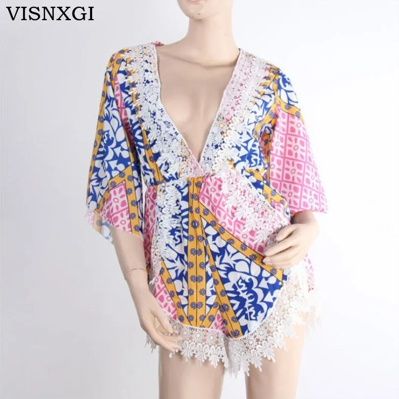 

Women Plus Size Vintage Half Sleeve Printed Floral Jumpsuits V Neck Bodysuit Casual Sexy Siamese Mujer Clothing Playsuits S146