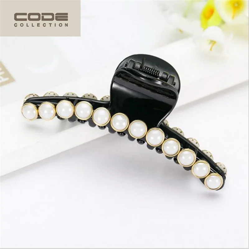 Large Black Plastic Hair Clips with Simulate Pearl Decoration Fashion