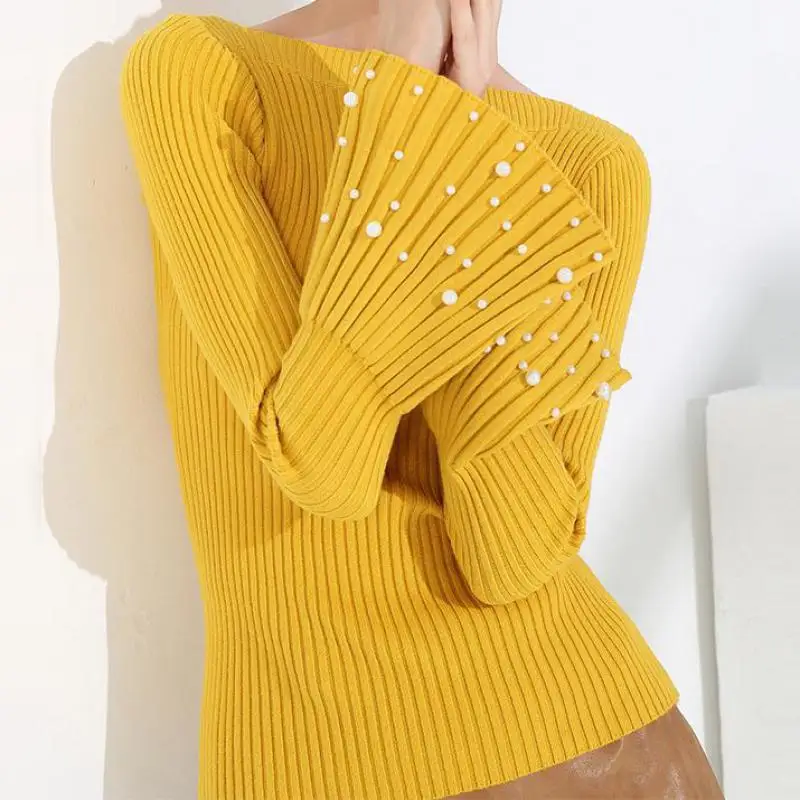 Sweater Women 2018 Autumn Winter Beaded Bottom Knit Sweater Sexy Word Collar Trumpet Sleeves Pullover Sweater Female Tops Sueter Sweater Women 2018 Autumn Winter Beaded Bottom Knit Sweater Sexy Word Collar Trumpet Sleeves Pullover Sweater Female Tops Sueter