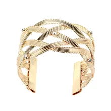 Punk Jewelry Female Gold Color Knitted Rhinestone Open Cuff Bangle Fashion Golden Design Wide Bracelet Party