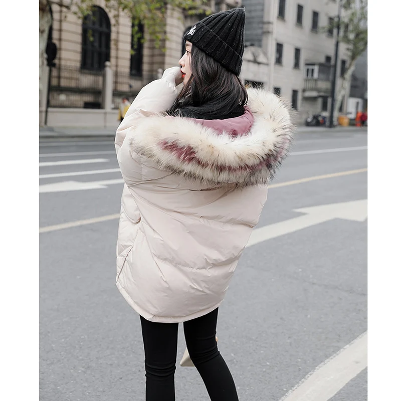 FTLZZ Women Winter Jackets White Duck Down Large Natural Raccoon Fur Hooded Parkas Warm Female Down Coat Snow Outwear