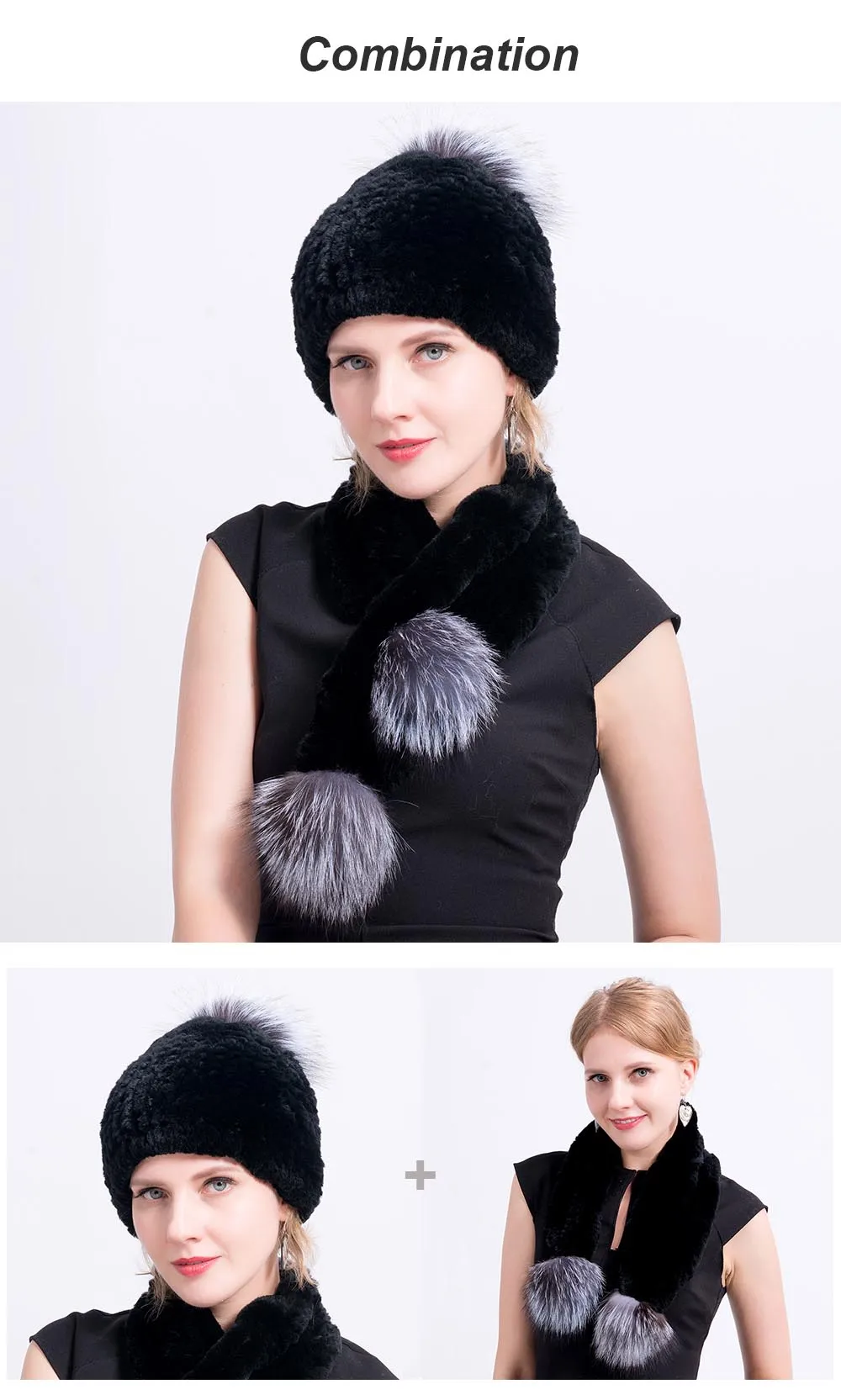 Rex rabbit fur hat scarves pompom combination