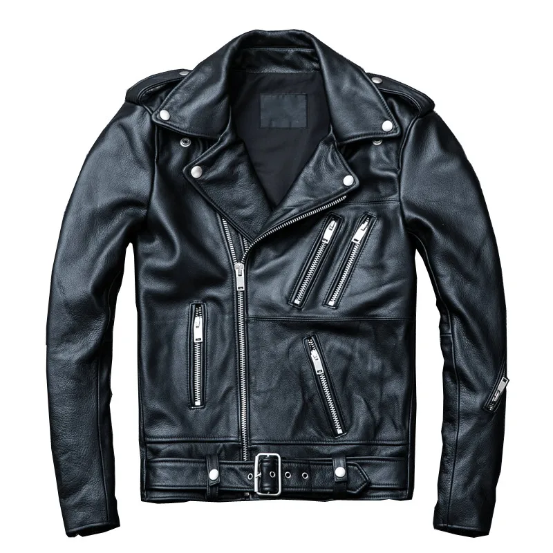 

2019 Black Men Spring Genuine Biker's Leather Jacket Plus Size XXXXL Slim Fit Cowhide Motorcycle Leather Coat FREE SHIPPING