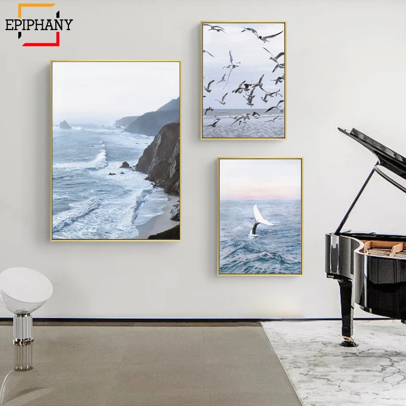 

Navy Blue Triptych Wall Art Coastal Print Ocean Whale Gallery Canvas Painting Seascape Nordic Wall Pictures for Living Room