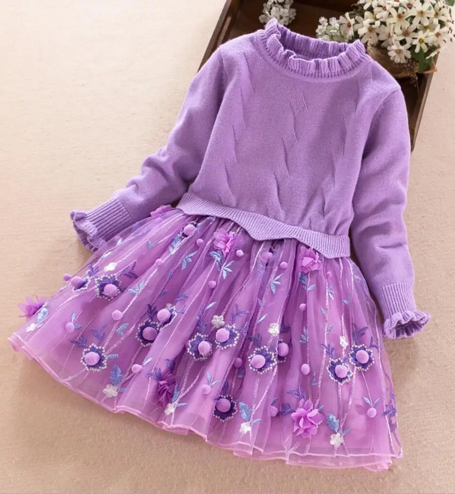 Новинка года, осенне-зимнее хлопковое платье-свитер для девочек зимнее платье, одежда для маленьких девочек ростом от 110 до 140 см 3 цвета - Цвет: Фиолетовый