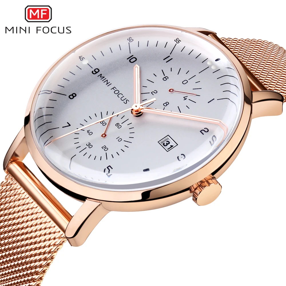 Baratos MINI reloj Focus para hombre, relojes de pulsera de cuarzo de oro rosa para hombre, marca superior, de lujo, de acero inoxidable, a prueba de agua, reloj masculino