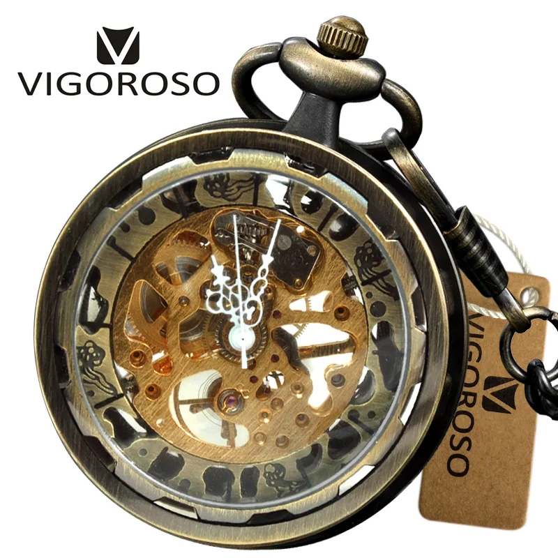 

Open Face Bronze Steel Chain Vintage Wind up Watches Skeleton New Fashion Mechanical Pocket Watch Steampunk Retro Clock Gifts