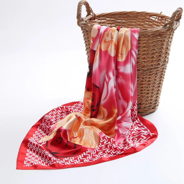 [BYSIFA] весенний шелковый шарф шаль модные аксессуары мусульманский Женский платок на голову 90*90 см элегантные листья узор квадратные шарфы - Цвет: Orange Roses