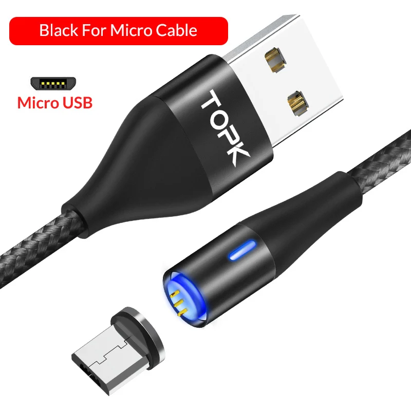 TOPK 1 м светодиодный магнитный USB кабель для быстрой зарядки данных Micro USB кабель для Galaxy S7 Xiaomi Redmi Note 4 планшет Android, телефон кабель - Цвет: Black