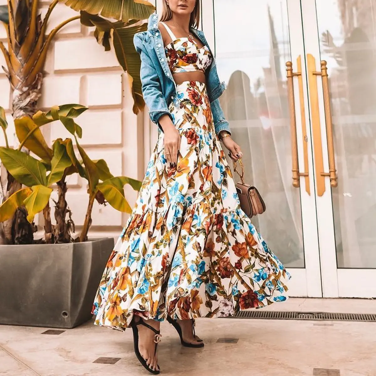 

Elegant Women Summer Long Maxi Dresses Two Piece Set Sexy 2019 Hollow Out Crop Top Skirts Floral Print 2 Piece Suits Plus Size