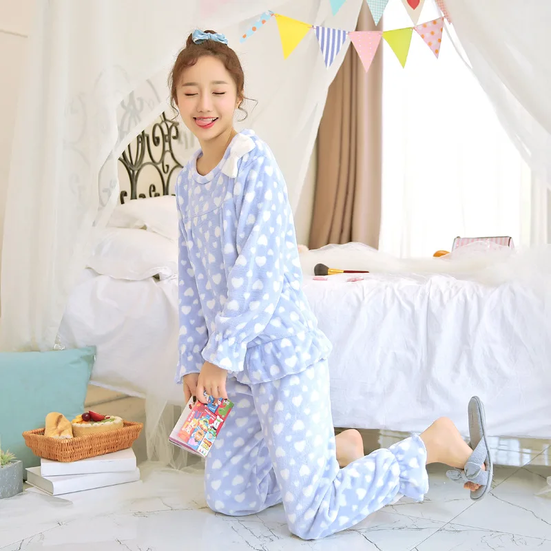 

JINUO girl lovely winter heart pattern pajamas with bowknot warm flannel indoor clothing woman nightgown female pyjamas femme