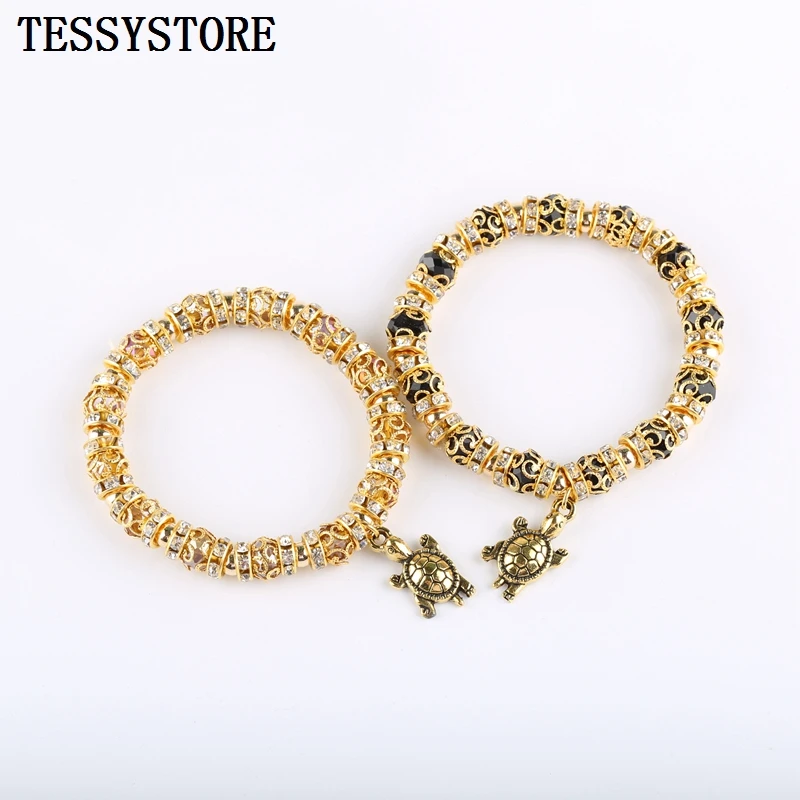 

Fashion Beaded Bracelet Metal Spacers Crystal Beads Bezel Setting Metal Pendant Can Stretch Bracelet For Woman Jewelry