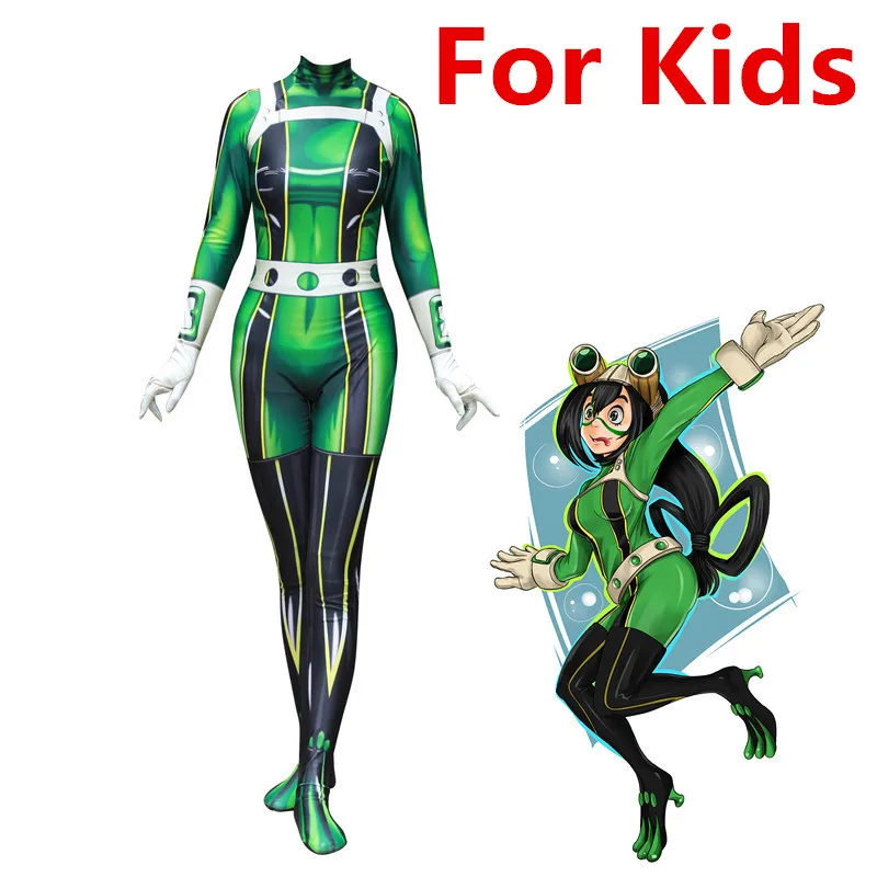 Аниме Мой Boku no Hero Academy Asui Tsuyu Froppy Tsuyu Asui Zentai боди костюм костюмы на Хэллоуин парик для взрослых женщин и детей - Цвет: Kids Size