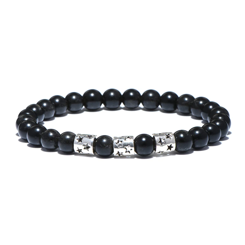 

Top Brand Obsidian Stone Bead Bracelet for Women Vintage Silver Cylinder With Piercing Star Charm Bracelet Jewelry Gift Bijoux