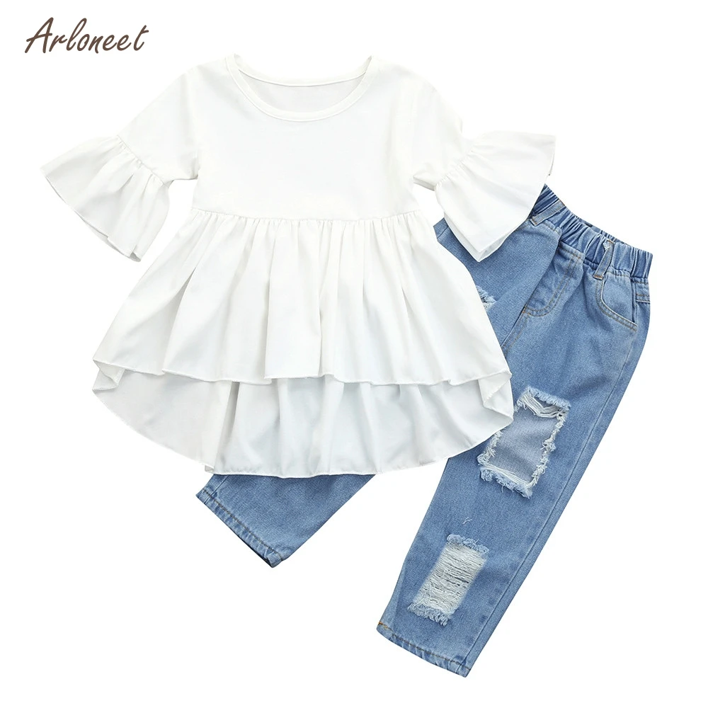 

ARLONEET Toddler Kid Baby Girls Tunic Tops Dress Ruffles Denim Hole Pants Clothes Sets Dropshipping _Apr26
