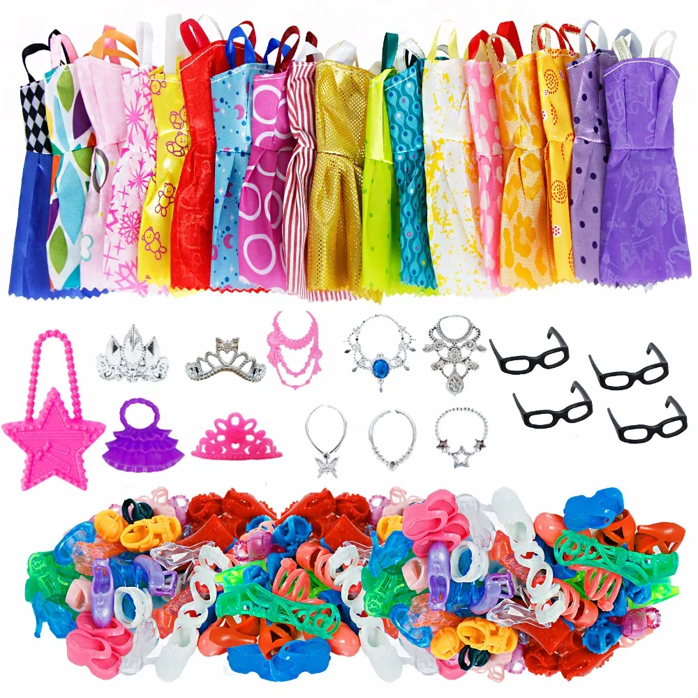 35 предметов/набор кукольных аксессуаров = 10x кукольная одежда платье+ 4x очки+ 6x пластиковое ожерелье+ 2x Сумочка+ 3x корона+ 10x обувь для Барби