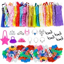 35 artículos/Set accesorios de muñeca = 10x vestido de ropa de muñeca + 4x gafas + 6x collar de plástico + 2x bolso + 3x corona + 10x zapatos para Barbie