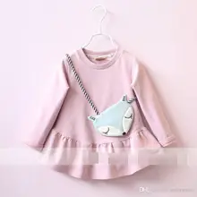 Sweet Baby Girls New Arrival Fall Ruufles Cotton Tees With Cute Fox Bag Solid Color Girls Wolesale Tees