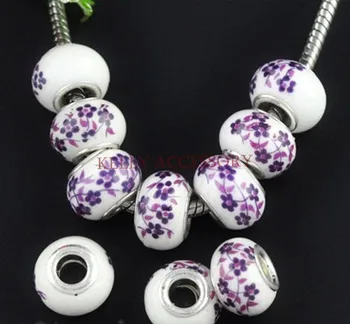

Wholesale 50pcs European Large Hole Ceramic Beads Purple Flower Pattern Porcelain Beads For Jewelry Making Bracelet DIY Beads