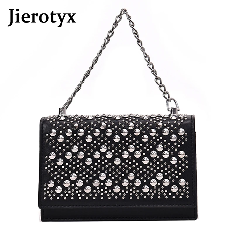 

Jierotyx Bags For Women 2019 Black Punk Shoulder Bag Small Women Pu Leather Messenger Bag Sexy Rivet Luxury Designer Flap Party