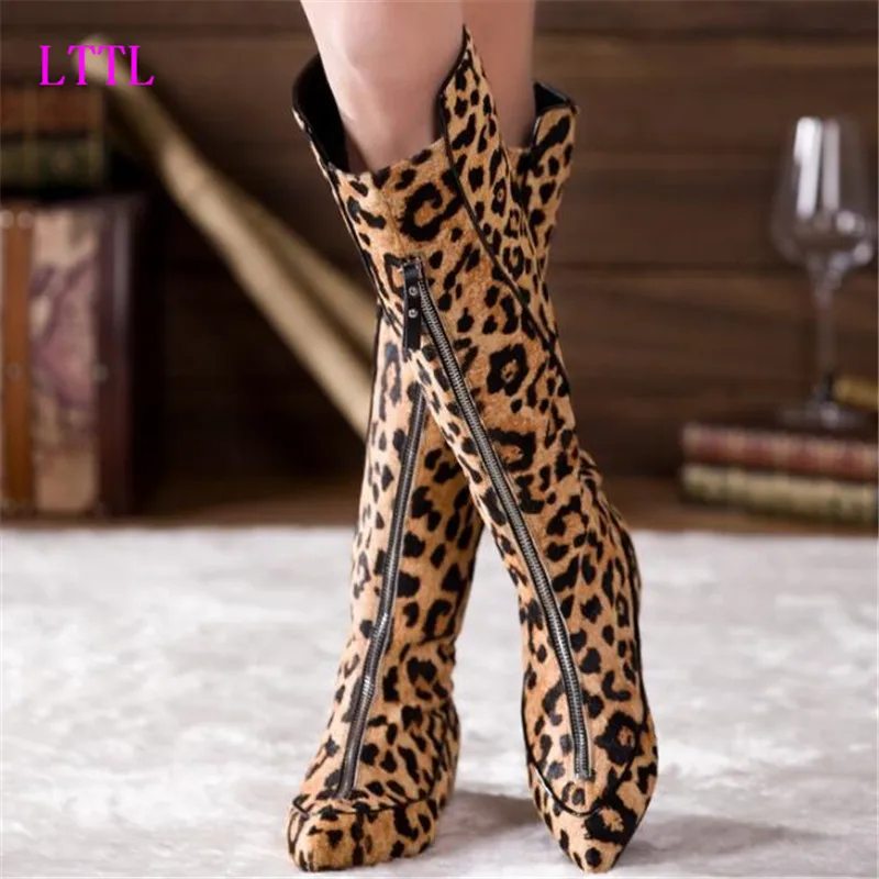 Size 35-41 black/leopard printing pointed toe front zipper knee high boots for women 4CM wedge heel height increasing long boots