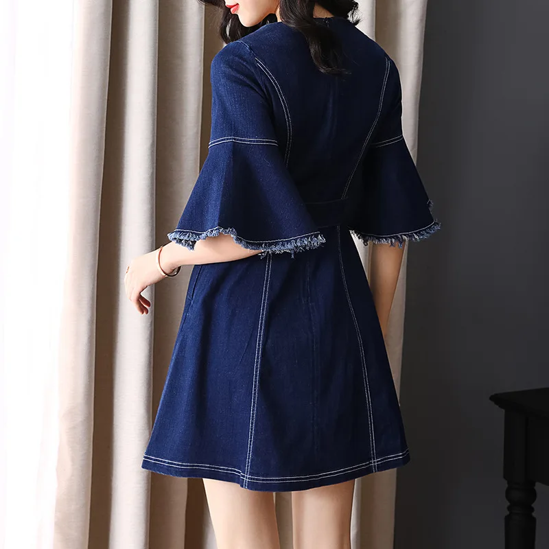 High Quality Denim Dress 2019 Spring Summer Casual Dress Women Color Block Stitching Flare Sleeve High Waist Blue Jeans Dress