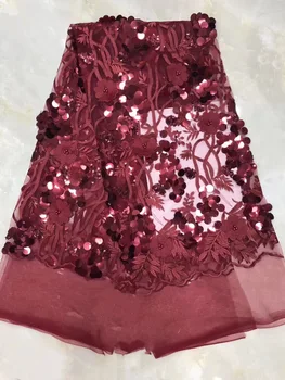 

HOT French Nigerian beads sequins net lace,African tulle mesh lace fabric high quality wine red party wedding dress 5yards/lot