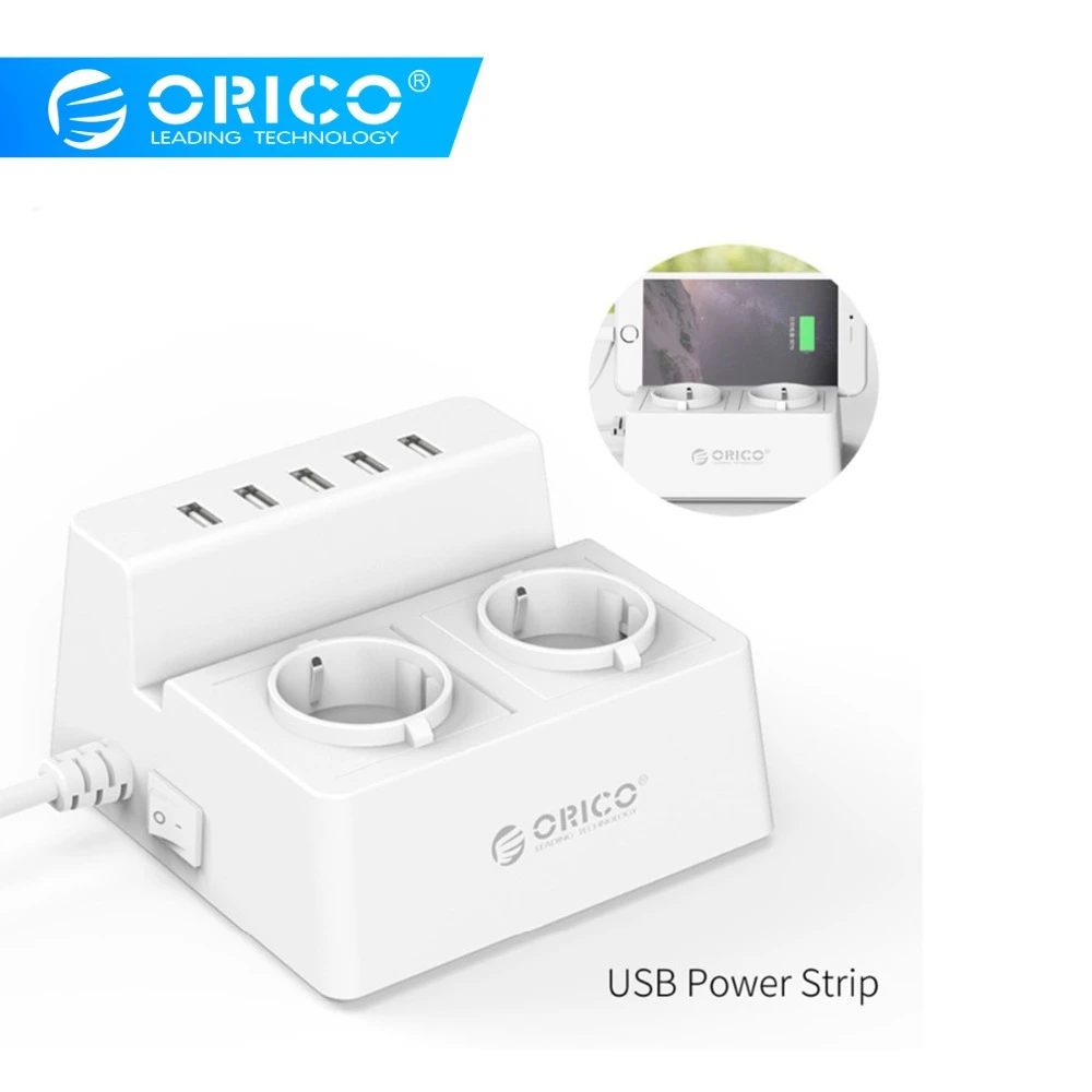 

ORICO ODC Office Home 2 AC EU Power Strip with 5 Ports USB Charger-White/Black