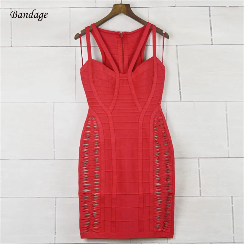 

In Stock Red White Black Women Dress High Quality Rayon Sexy Fashion Spaghetti Strap Hollow Out Bodycon Bandage Dresses Vestidos