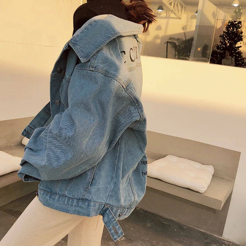 Women's Coat Denim Jacket Vintage Loose Printed Jaqueta Feminina Oversized Jacket Long Sleeve Coat Single Breasted Jackets