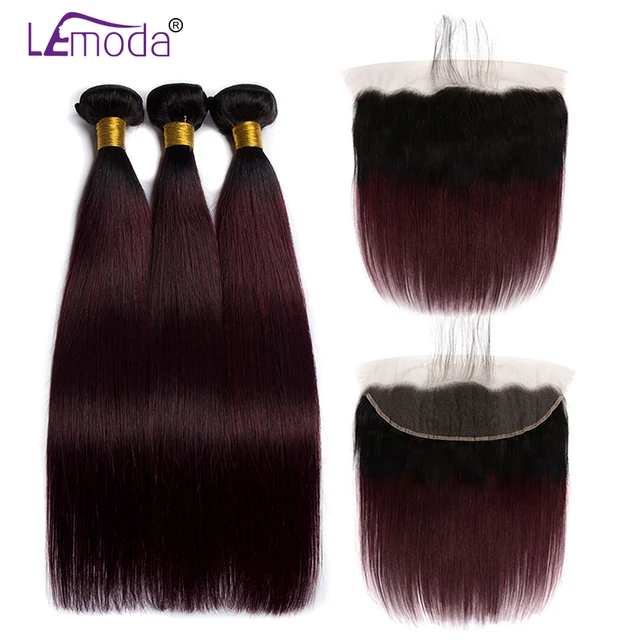 Brazilian Straight Hair Bundles With 13x4 Frontal Dark Roots 99j