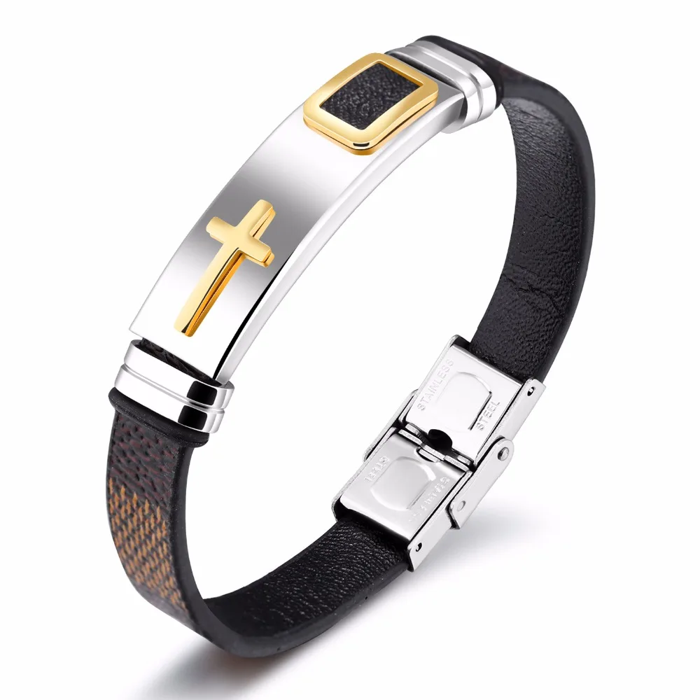 Fate Love Trendy Stainless Steel Cross Bracelets Man Wrist Jewelry Black/Brown Color Leather 185mm Charm Chain Bracelets FL1156