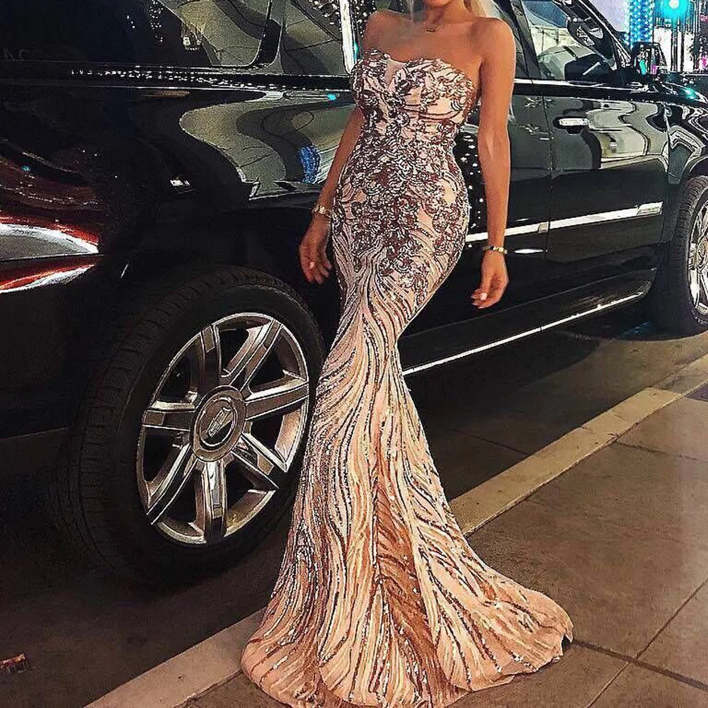 

Host Evening Party Fashion Long Dress Strapless Slash Neck Backless Sequined Sexy Women Body Con Celebrity Wholesale