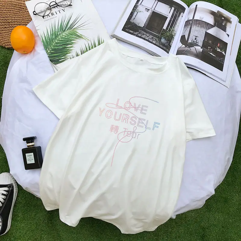Harajuku футболка Женская Повседневная Корейская Kpop Love Yourself Lettter Футболка с принтом уличная Tumblr хипстерская Футболка женская одежда - Цвет: Белый