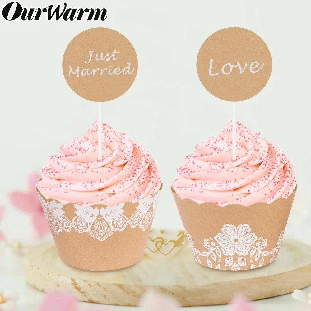 

OurWarm 12Pcs Vintage Wedding Cupcake Wrapper Muffins Paper Cupcakes Topper Love Just Married Cake Flag for Birthday Wedding
