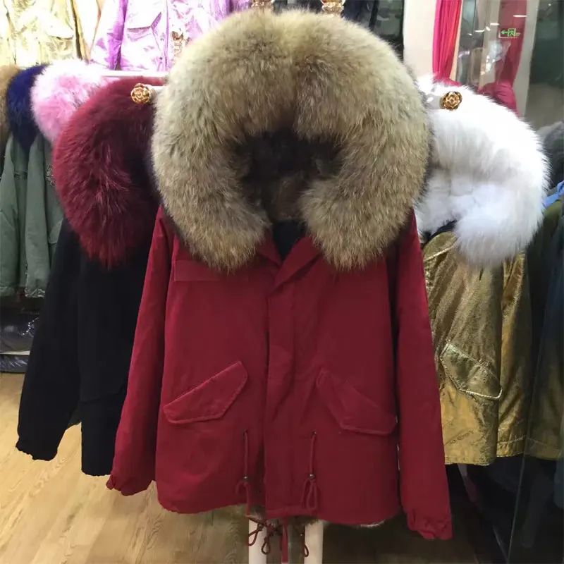Red Outside Shell Jacket Natural Fur Short Jacket Raccoon Fur Parka Coat Red Outside Shell Jacket Natural Fur Short Jacket Raccoon Fur Parka Coat